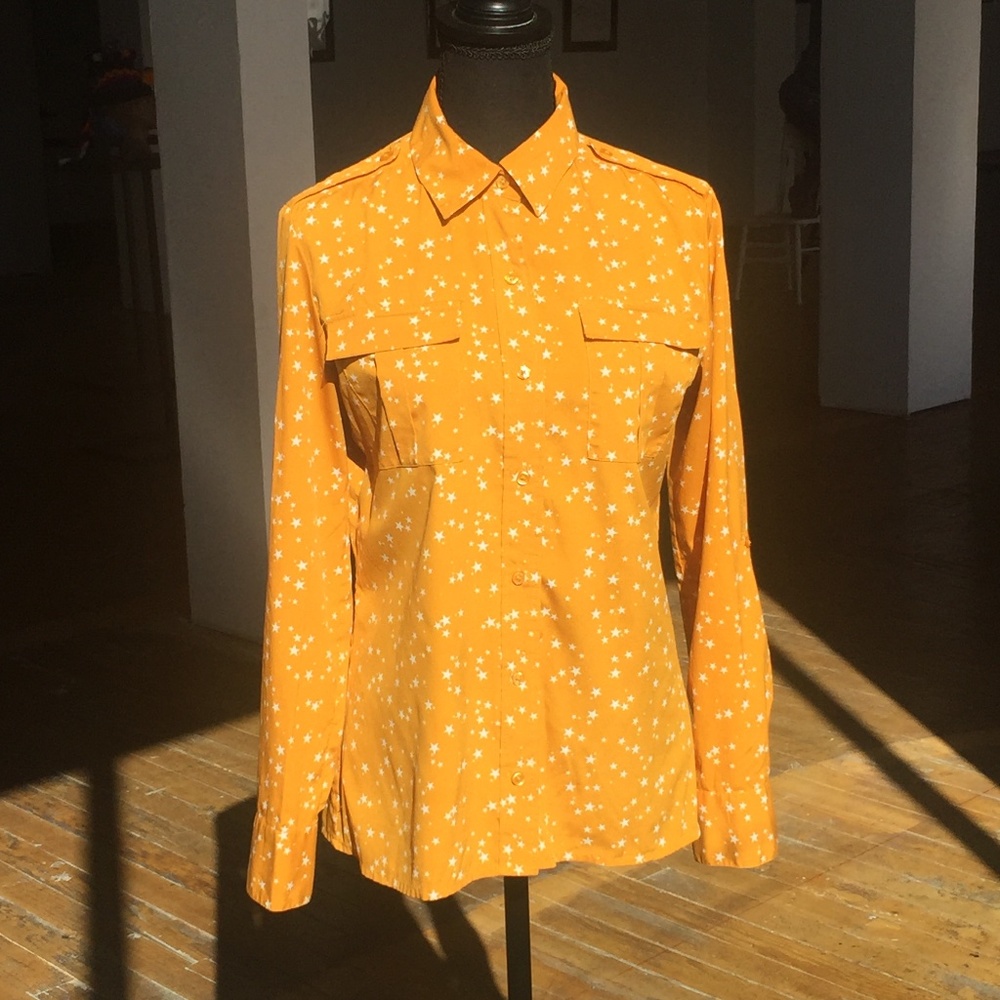 Rich golden yellow button down shirt with white stars